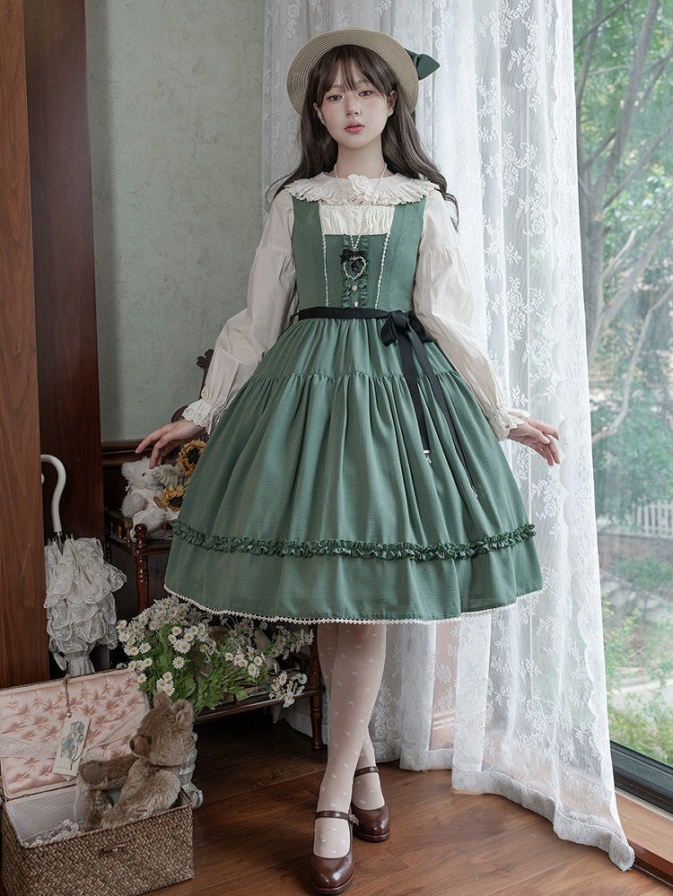 Green Elegant Classic Lolita JSK Dress with Ruffled Front Placket and Lace Trim