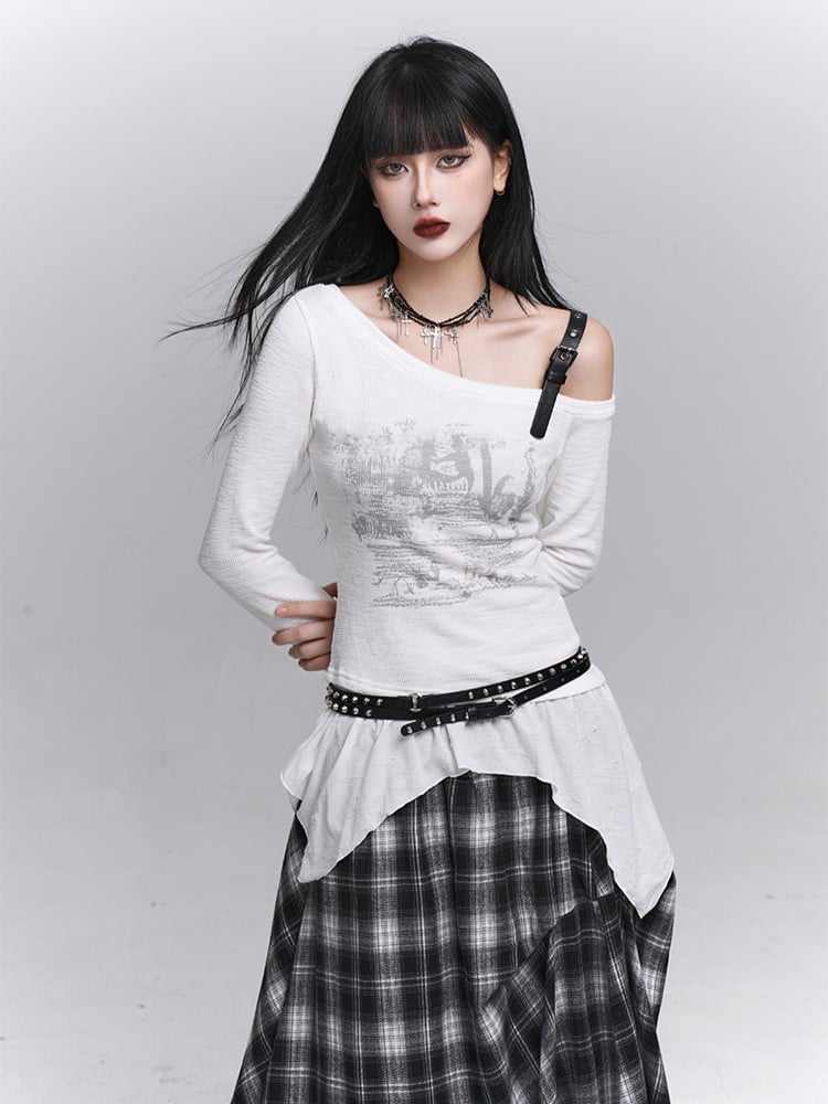 White Gothic Top Graffiti Neck with Asymmetrical Hem