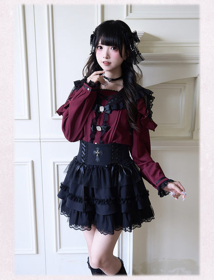 Rhinestones Bowknots Blouse Red Jirai Kei Sailor Collar Ruffled Lace Trim Wine