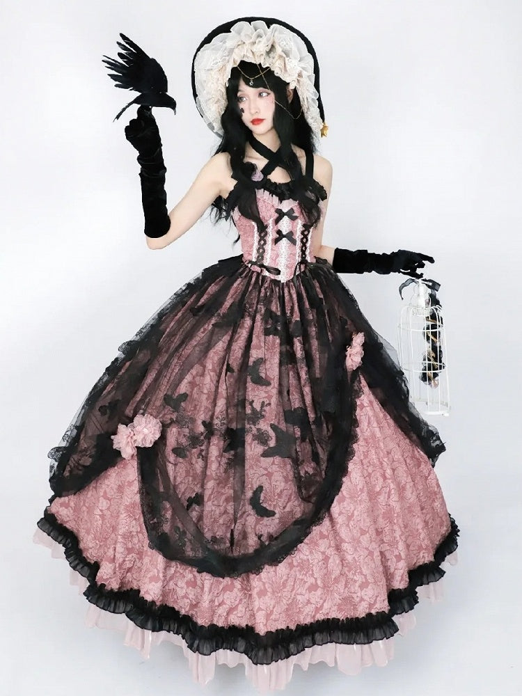 Floral Dark Bow Hime Details Dress Black Hanayome-style Pink Lace and Lolita with Embossed