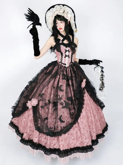 Floral Dark Bow Hime Details Dress Black Hanayome-style Pink Lace and Lolita with Embossed