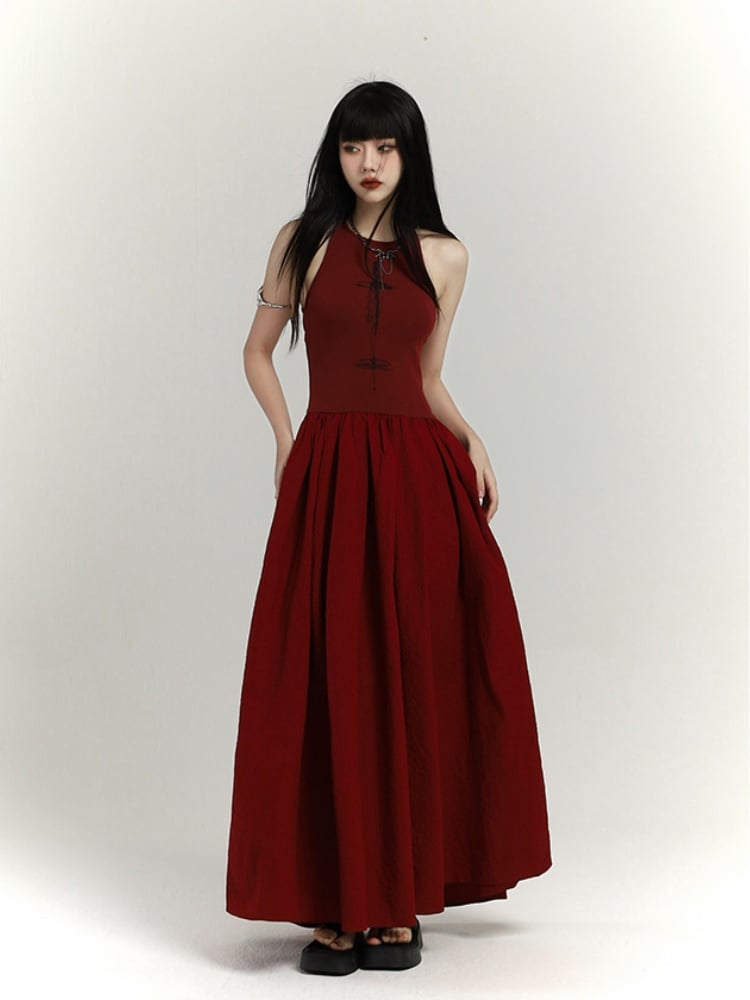 Gothic Wine Red High Waist Cross Print Backless Version Sleeveless Dress