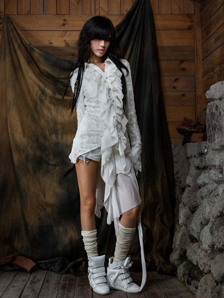 Punk - Button Shirt Asymmetrical Cuffs White Design Gothic
