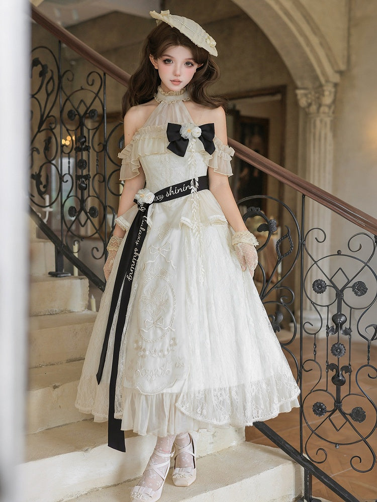 Beige Halter Neck Floral Embroidery Elegant Classic Lolita Dress with Bow - Unknown Star