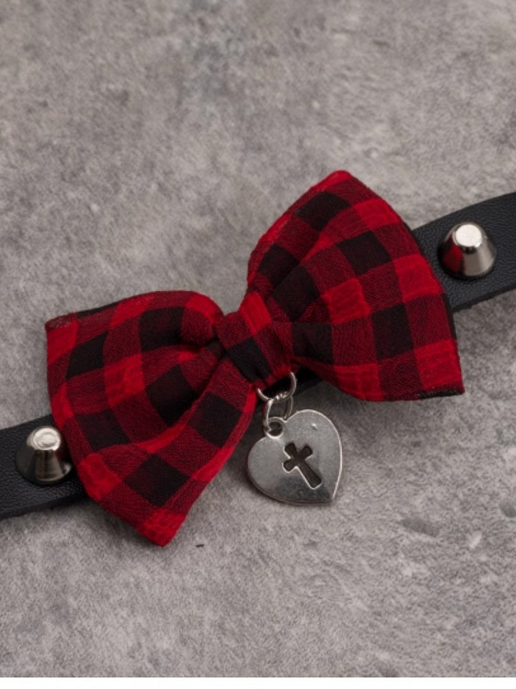 With Red Plaid Black And Pattern Pendant Heart Bowknot Choker