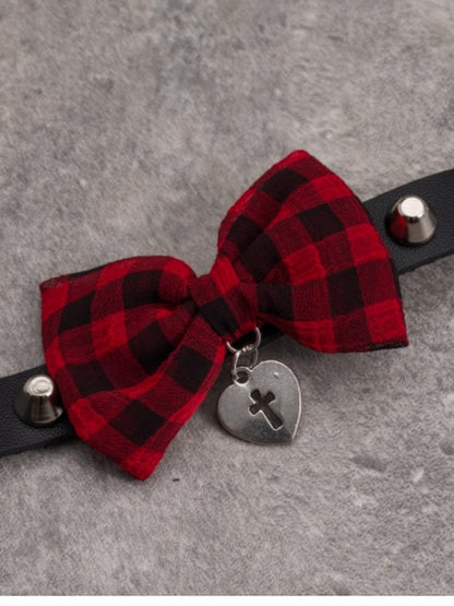 With Red Plaid Black And Pattern Pendant Heart Bowknot Choker