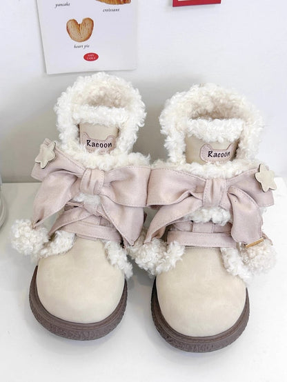 Furry Sole - 5.5cm with Star Winter Decor Boots Bow for Pink Accents Apricot Ankle Interior Lolita Sweet