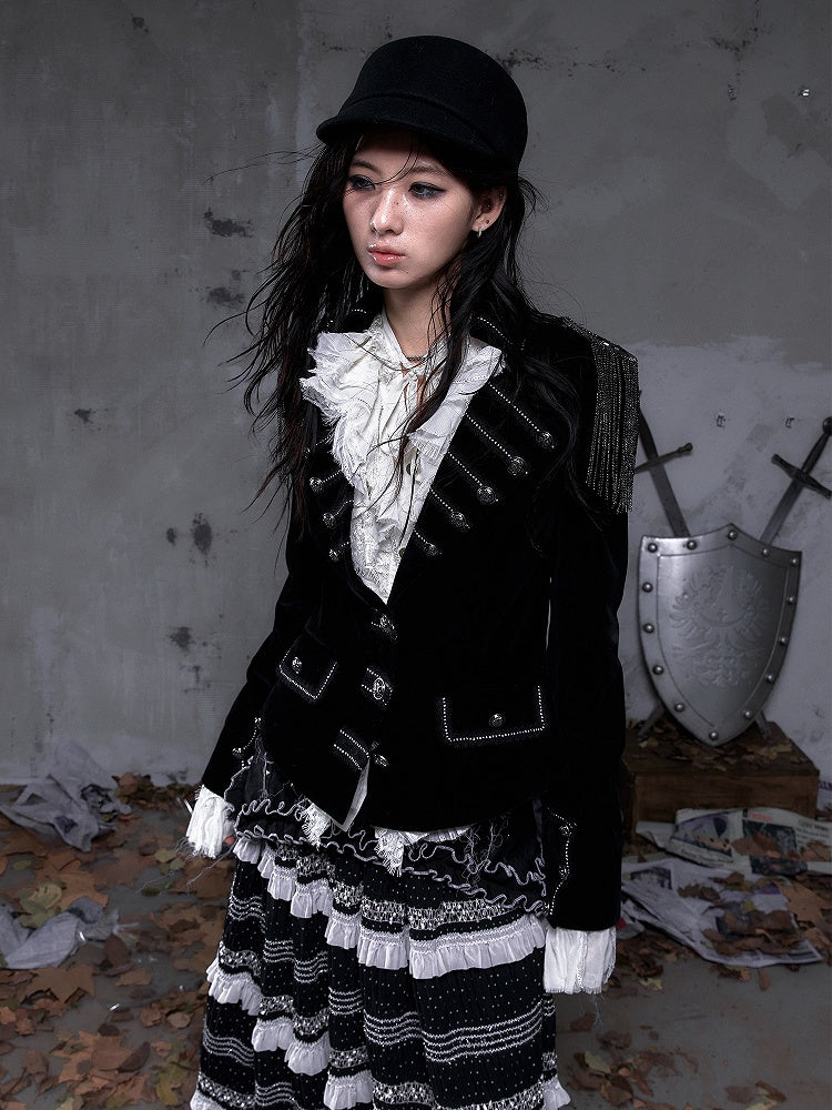 Lapel Multi-Row Embroidered Blazer Back Black with Cross Punk Fringe Epaulettes Shoulder Buttons Detachable