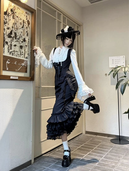 White Gothic Ruffle Lolita Blouse with Black Bow Mermaid Skirt Set - The First Witch