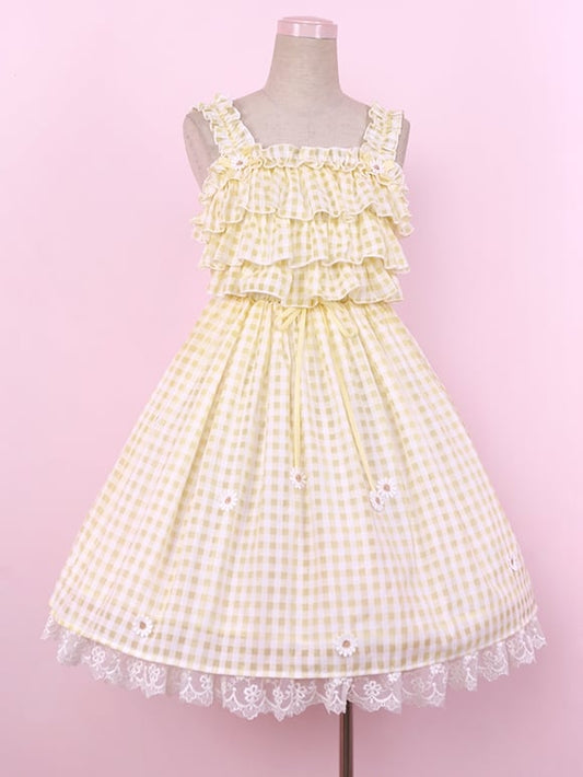 Yellow Cottagecore Gingham Sundress Daisy Lace Trim Plaid Lolita Jumper Skirt