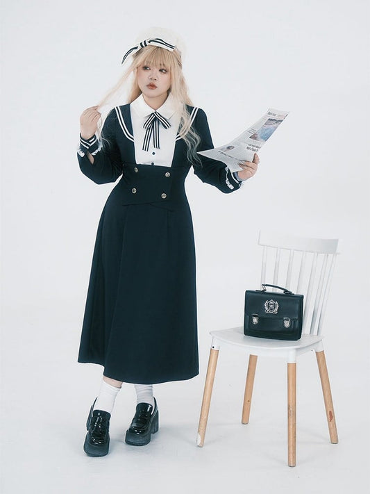 Midi JK Dress Size Striped Uniform Accents Preppy Black with Faux Plus Collar Two-Piece Sailor