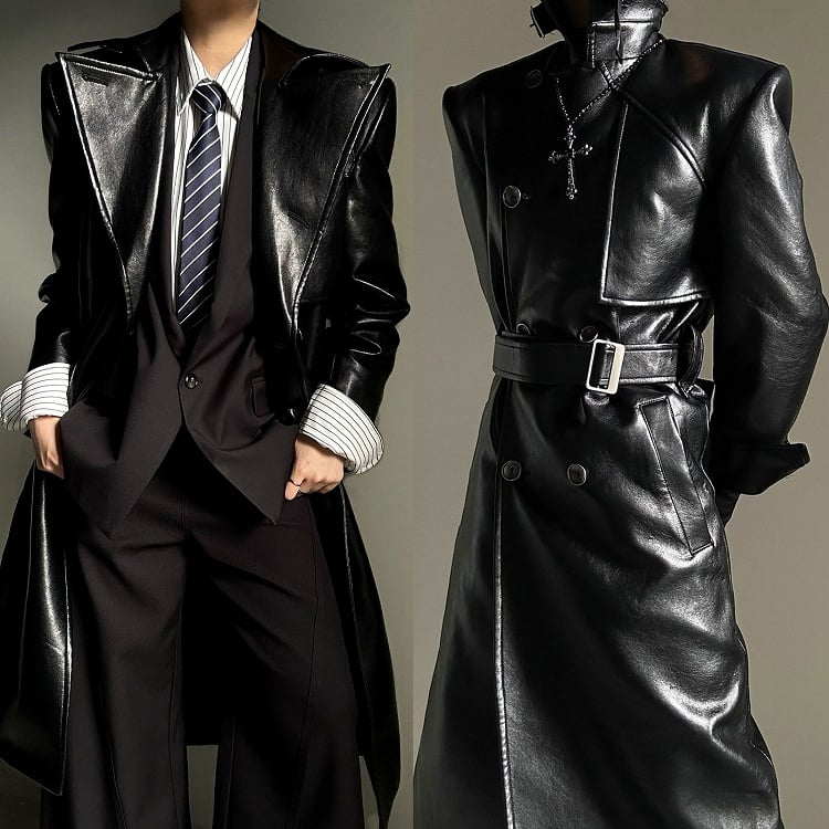 Coat Front with Button PU Dual-Wear Black Design Waist Ouji Set Belt