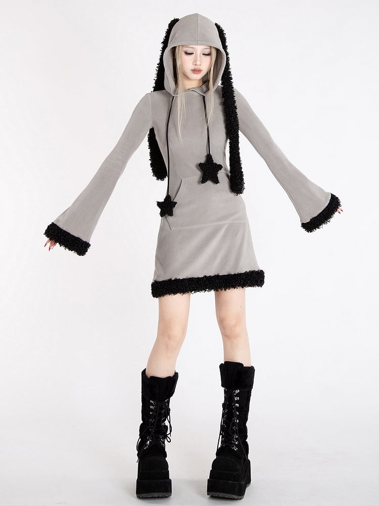 Y2k Gray Bunny Ear Hood Bell Sleeves Plush Trim Dress with Star Straps