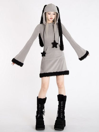 Y2k Gray Bunny Ear Hood Bell Sleeves Plush Trim Dress with Star Straps