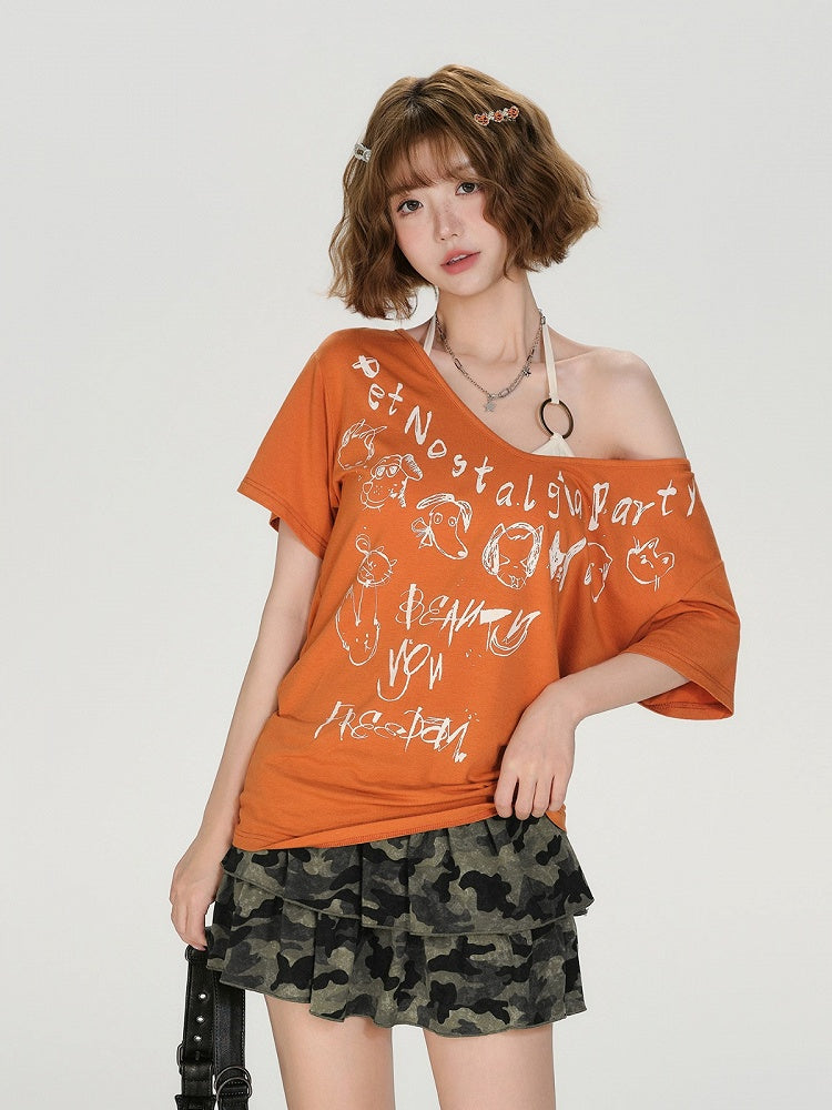 Retro Off Shoulder Tee and Halter Top Combo - Girlyhalo