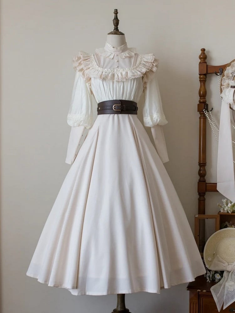 Long-Sleeve Ruffled Beige Classic Dress Elegant Waist Lolita High