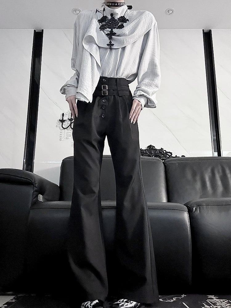 Ouji Spring Buckle for High-Waisted Lolita Summer - with Vertical Waistband Black Pants Flare Buttoned