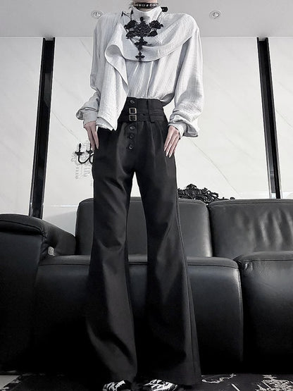 Ouji Spring Buckle for High-Waisted Lolita Summer - with Vertical Waistband Black Pants Flare Buttoned