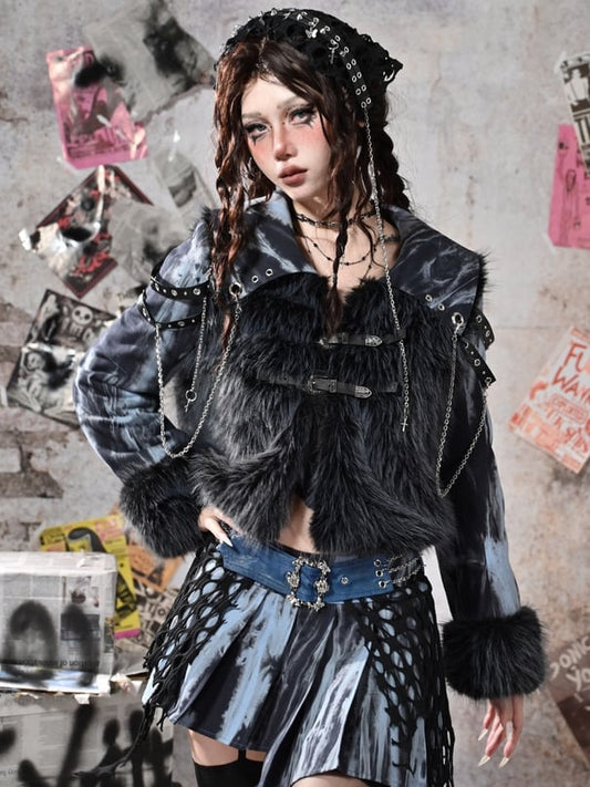 グランジパンクロックブルーフェイクファーパッチワークジャケットチェーンディテール