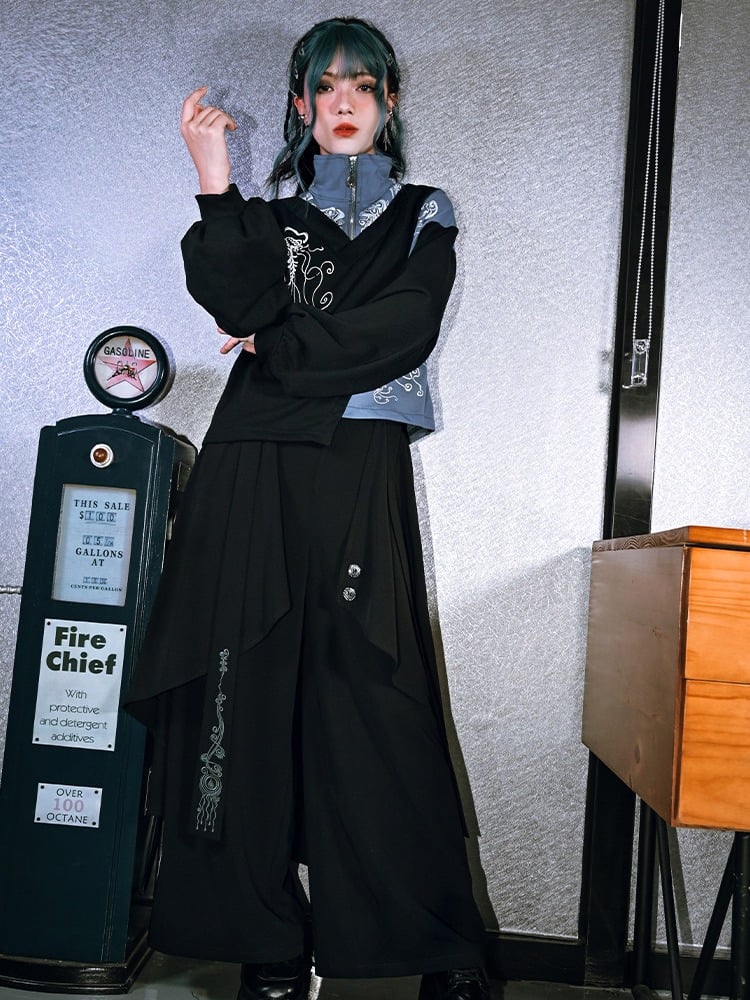 Black & Blue Asymmetrical Stand Collar Dark Fashion Sweatshirt with Jellyfish Motif - Quirky Hut