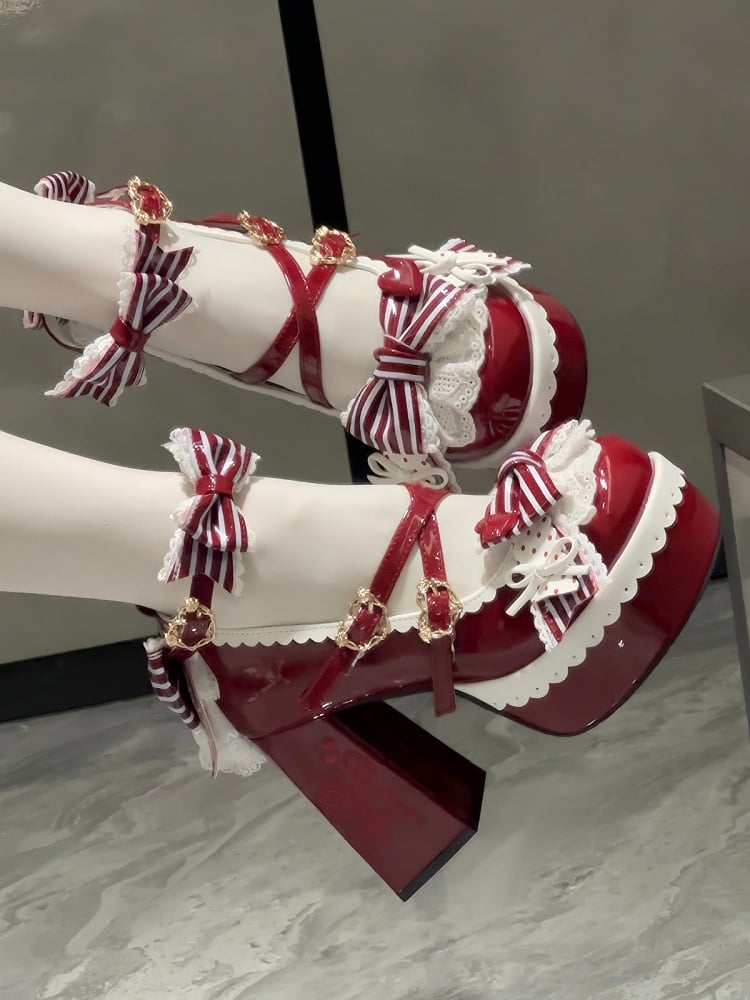 Bowknot & Buckle Straps Round Toe High Heels with Embroidery - Qu Qi Biscuits