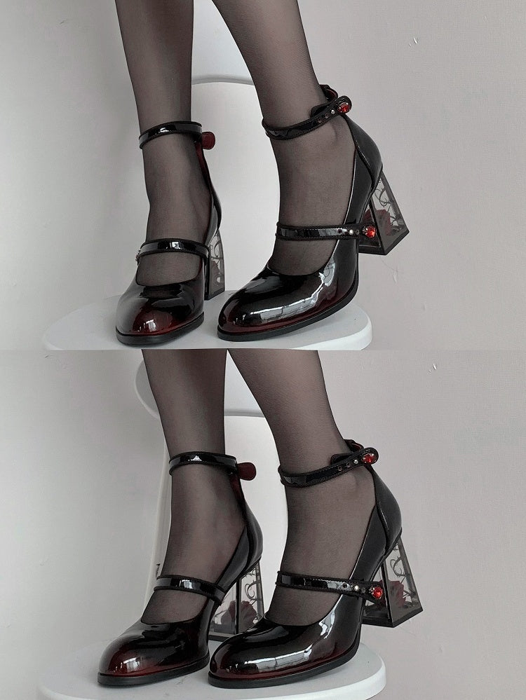 Rhinestone Black Transparent Accents High Heel Mary Block Rose-themed Rose Gothic Janes with Decor