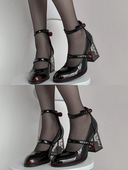 Rhinestone Black Transparent Accents High Heel Mary Block Rose-themed Rose Gothic Janes with Decor