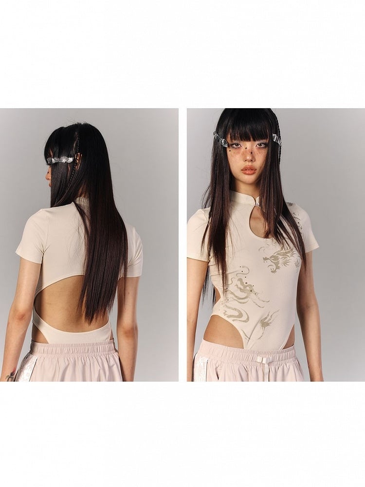 Sleeve Motif with Teardrop Cheongsam Cutout Bodysuit Apricot Short Dragon