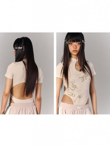 Sleeve Motif with Teardrop Cheongsam Cutout Bodysuit Apricot Short Dragon