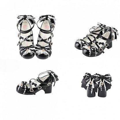 Riemen 2CM/5CM Schwarze Absätze Bowknot Herz Crisscross Schuhe Design Schnalle Süße Details Block Lolita