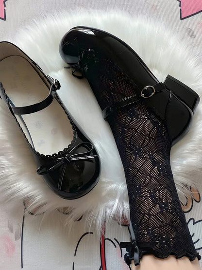Lolita with Black Low-heel Scalloped Mary Snap Trim Design Sweet Janes 3cm