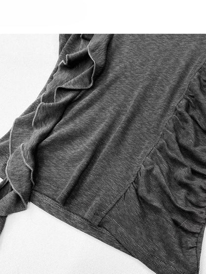 非対称のほろ苦いトリム裾フリルグレーグラマラス