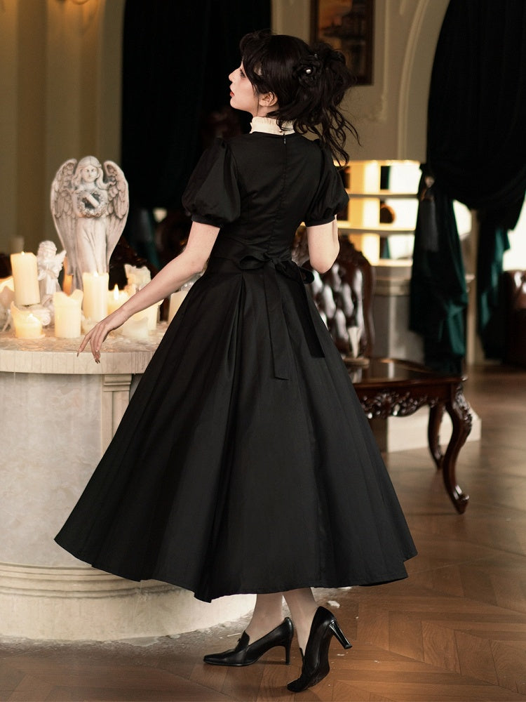 Elegant Neckline Beige Dress Waist One Piece Ruffle Sleeves Short Lolita Slim Black