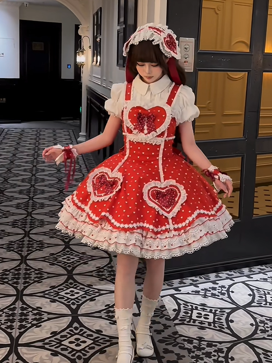 Red Heart Dress and with Sweet Lolita Bows Lace-Trimmed Motifs White