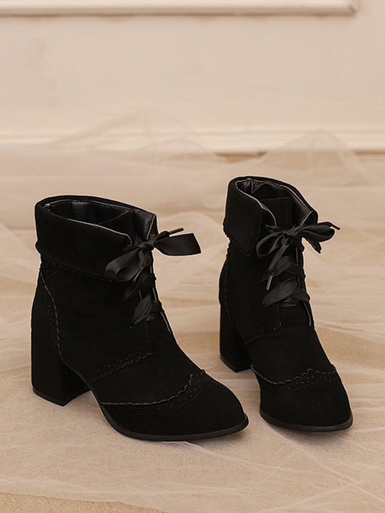 Schwarze Lolita-Stiefel mit normaler/dicker Manschette und hohem Absatz