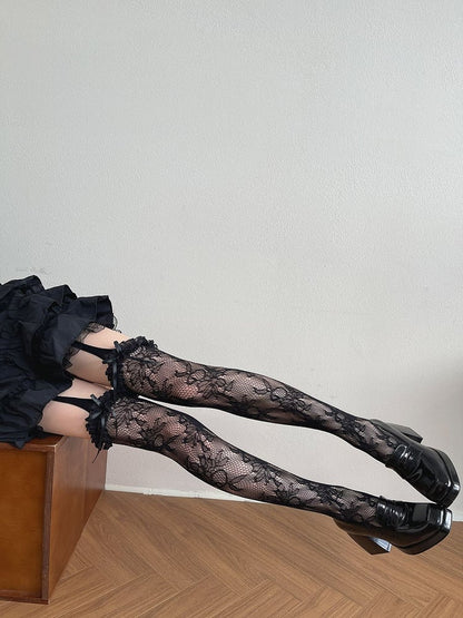 Black Bowknot Gothic Suspender Tights Floral Details Hollow-out
