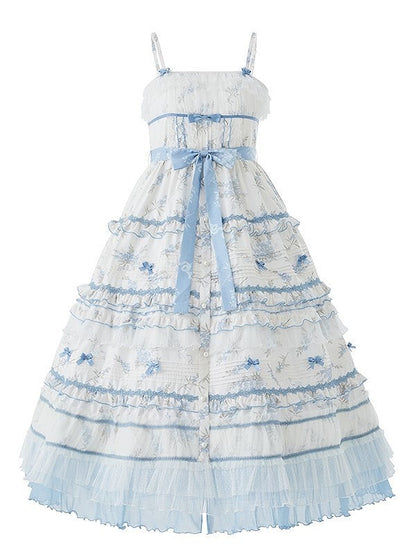 Floral Layered Ruffles Long Elegant Lolita White Version Print Dress Blue Classic
