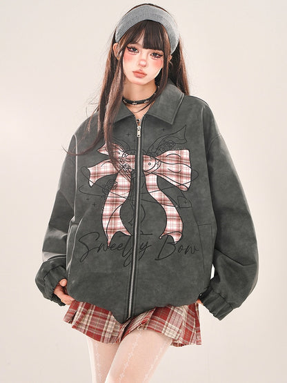 Black Plaid Bowknot Zip Placket Jacket