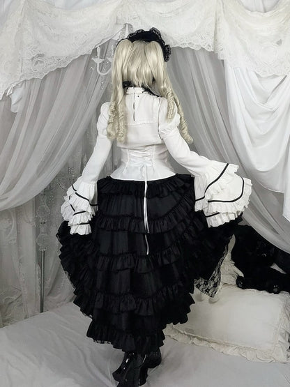 Sleeves Layered White Blouse Ruffled Neck Bell