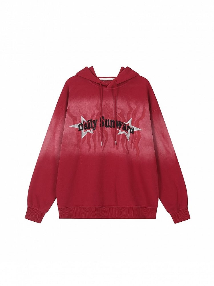 with Red Gradient Star Effect Embroidery Washed Vintage Oversized Hoodie