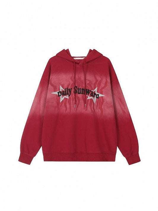 with Red Gradient Star Effect Embroidery Washed Vintage Oversized Hoodie