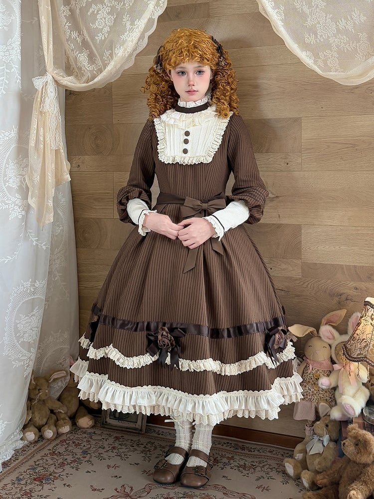 Brown Ruffle Neckline Lolita Dress with Waist Belt - MUYU