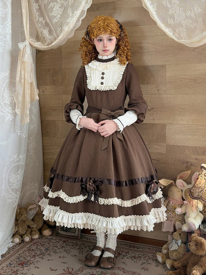 Brown Ruffle Neckline Lolita Dress with Waist Belt - MUYU
