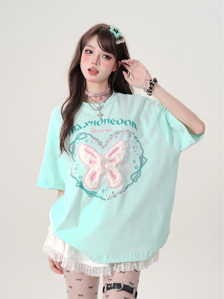 and Lettering Print Butterfly Green T-Shirt with Soft-Textured Oversized Mint Embroidery