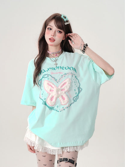 and Lettering Print Butterfly Green T-Shirt with Soft-Textured Oversized Mint Embroidery