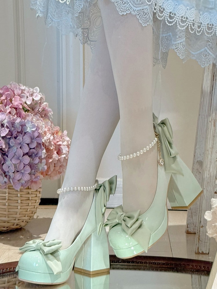 Green Sweet Toe Bowknot Lolita Platform Janes Round Mary Shoes Details