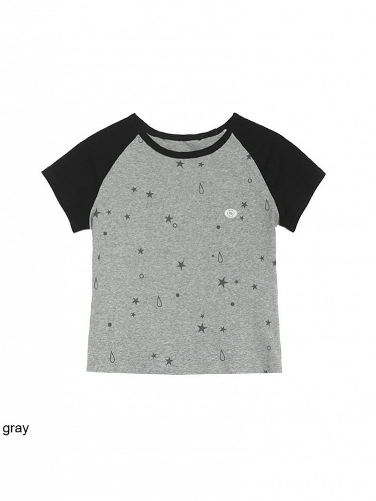 2-Color Colorblock Short Sleeve T-Shirt with Star and Teardrop Print - innomoood