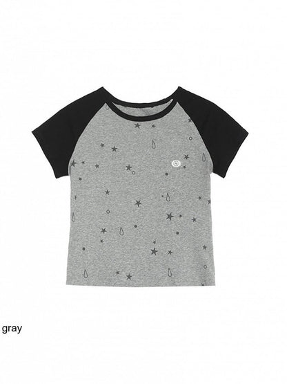 2-Color Colorblock Short Sleeve T-Shirt with Star and Teardrop Print - innomoood