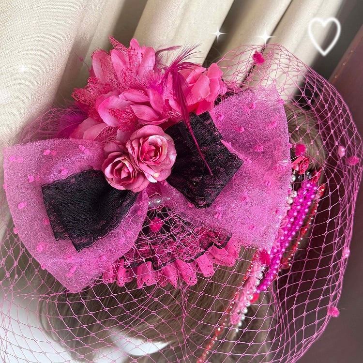 Hairclip Fashion Rose Bead Pink with Mini Hat Gyaru Heart Hot Chain Hime Set