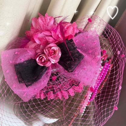 Hairclip Fashion Rose Bead Pink with Mini Hat Gyaru Heart Hot Chain Hime Set